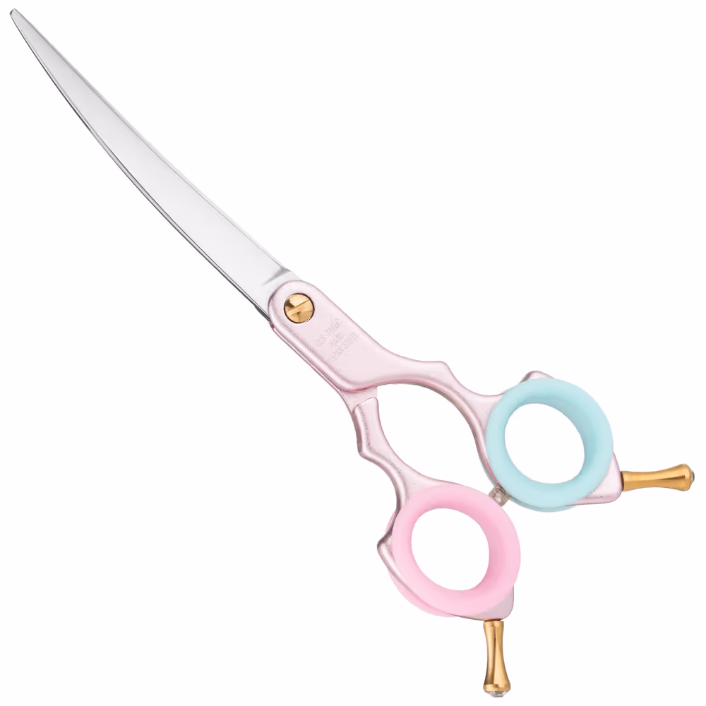 Blovi Teddy Line Pink Asian Style Schere 6,5" – ultraleichte gebogene Schere, Aluminiumgriff