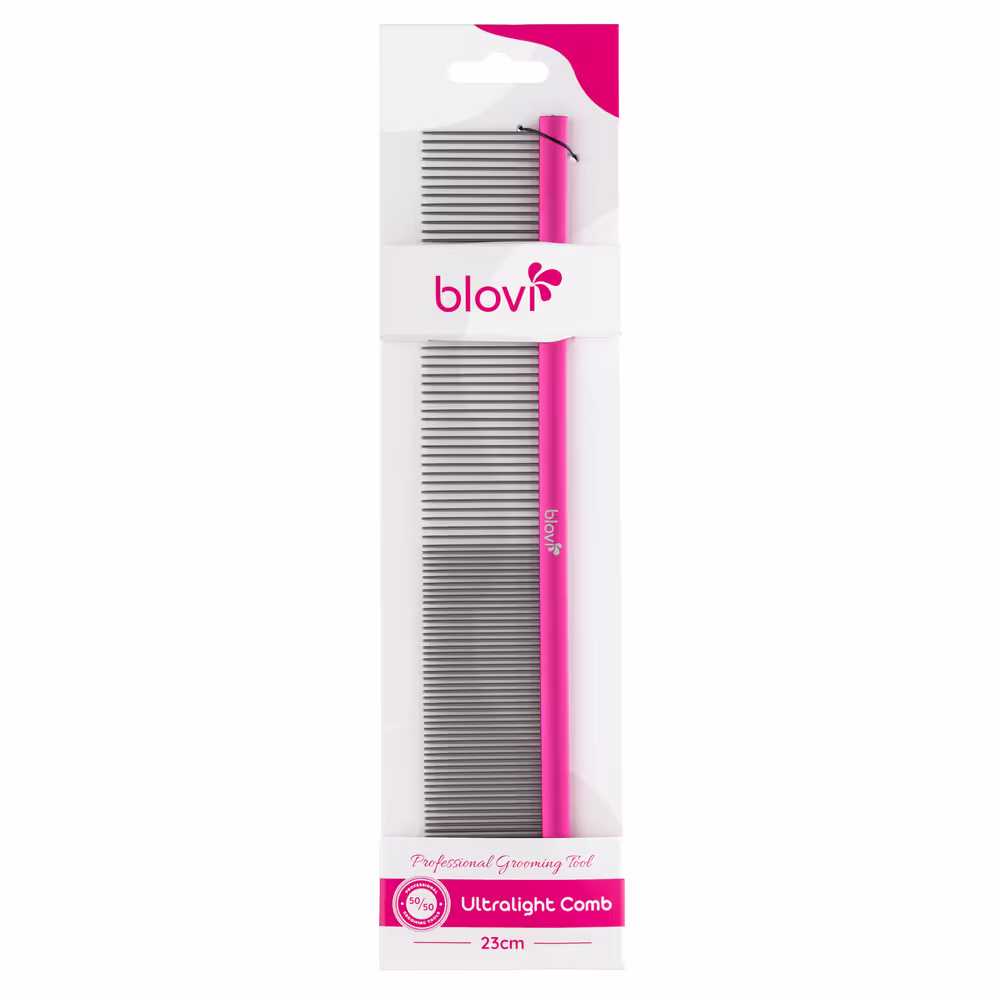 Blovi Ultralight Comb 23cm - sehr leichter Metallkamm für Hunde, gemischter Stiftabstand (50/50)
