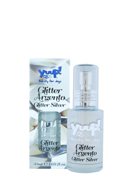 Yuup!® Fashion Glitter Silver: Silberfarbenes parfümiertes Glitzerspray für Hundefell 50 ml